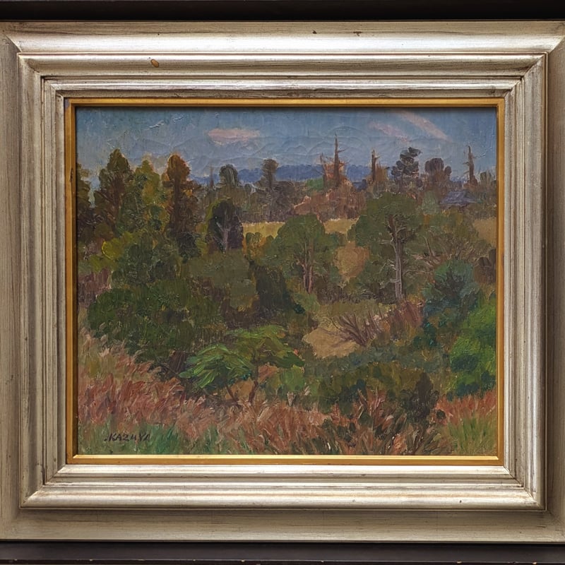 河上一也 油彩（油絵） 「秋の飛火野」 旧額装（裏蓋なし） 自筆サイン