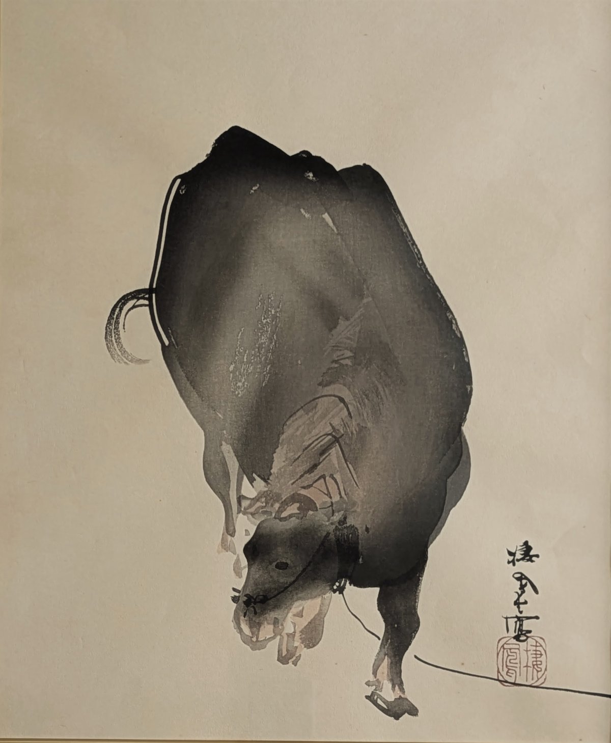 竹内栖鳳 版画（木版画） 「牛」 豪華・高級額装 芸艸堂 明治期彫