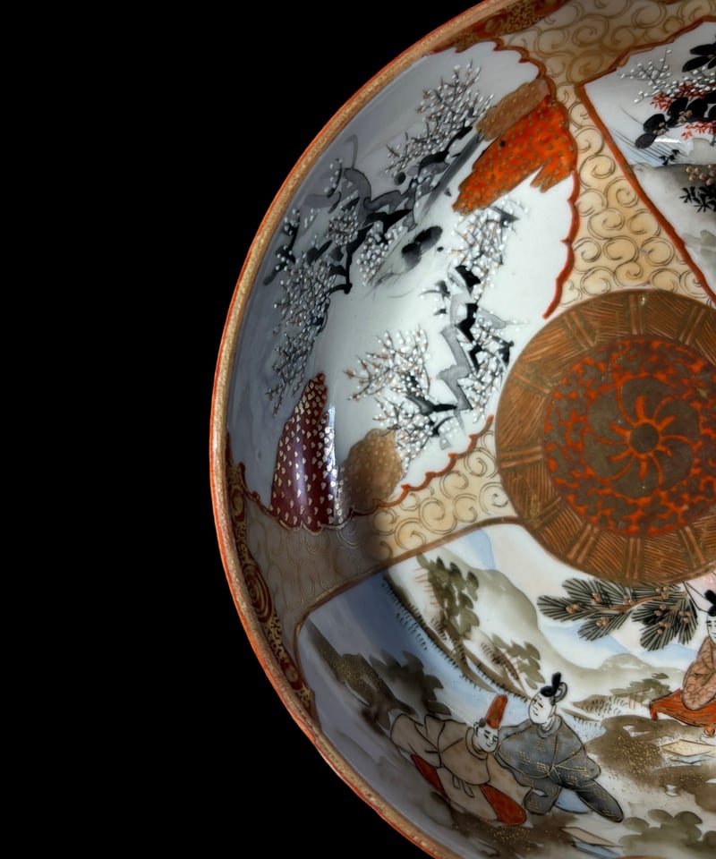 希少!!】九谷造 色絵 金彩 [松竹梅鳥文風景窓絵 粉彩人物絵] 大皿 平皿