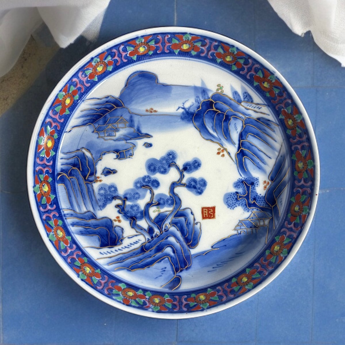 伊万里 金彩 赤絵 縁高鉢 [松竹梅風景絵] 染付 盛り皿 飾り皿 丸皿 鉢