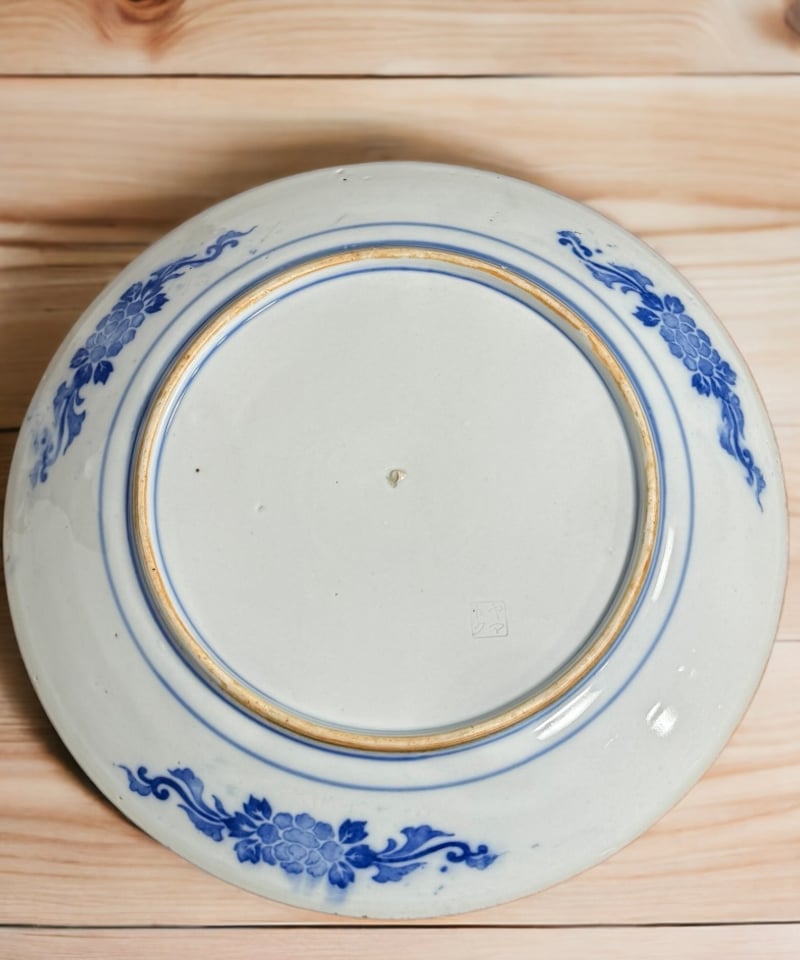 印判大皿 (梅・松・ホトトギス) 染付 飾り皿 盛り皿 いげ皿 陶器 骨董