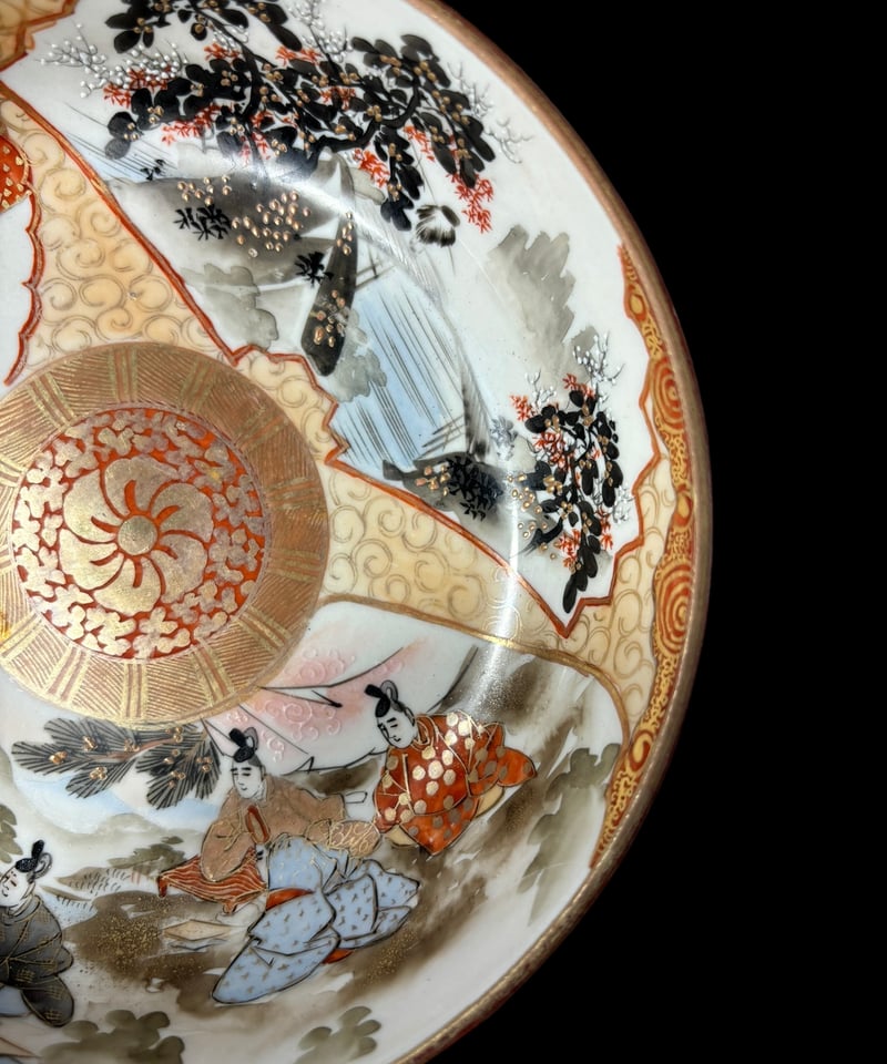 希少!!】九谷造 色絵 金彩 [松竹梅鳥文風景窓絵 粉彩人物絵] 大皿 平皿