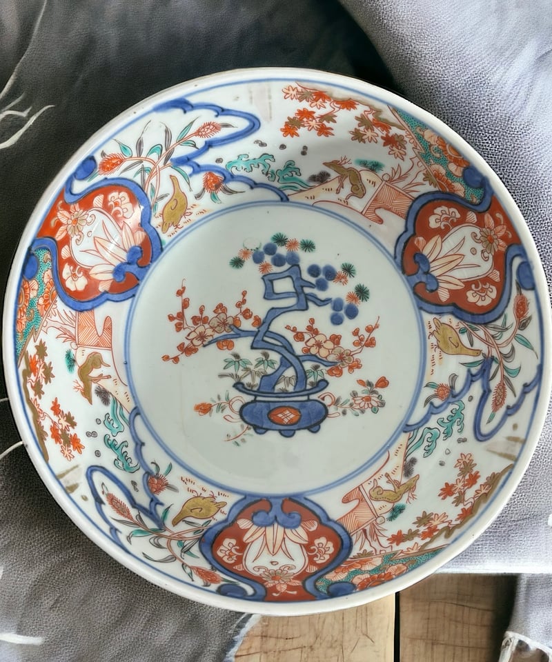 伊万里 色絵 [鳥鹿松竹梅波紋絵] 染付 丸皿 大皿 なます皿 取り皿 飾り