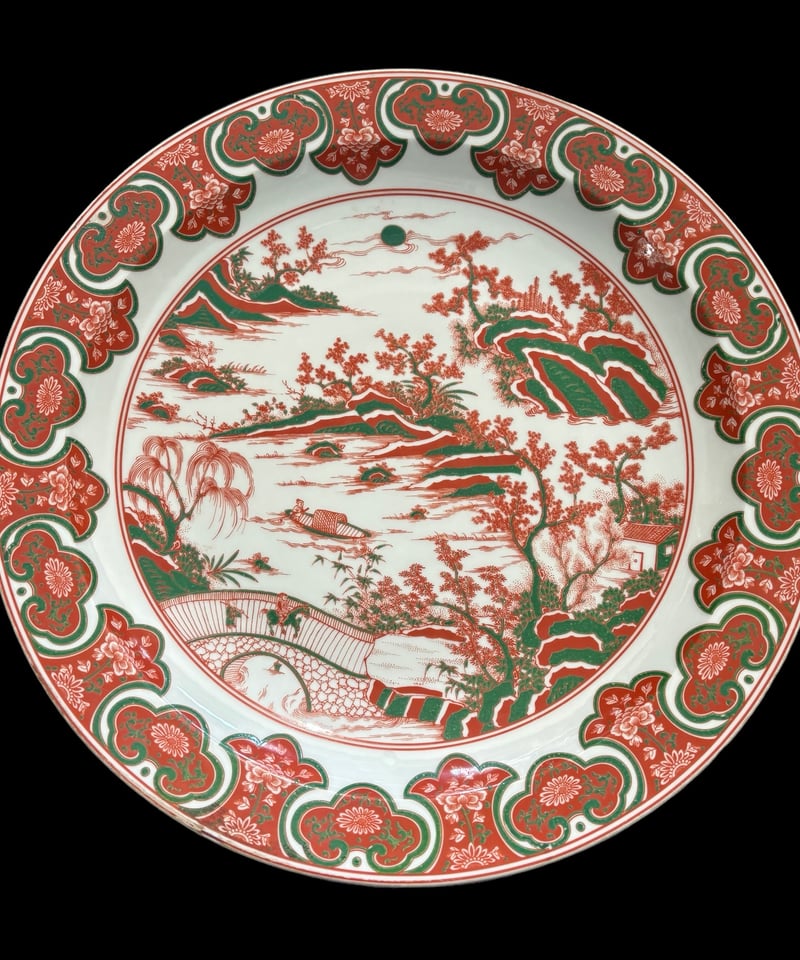 大清康熙年製 赤絵【風景・梅・松】大皿 丸皿 中国美術 盛り皿 飾り皿
