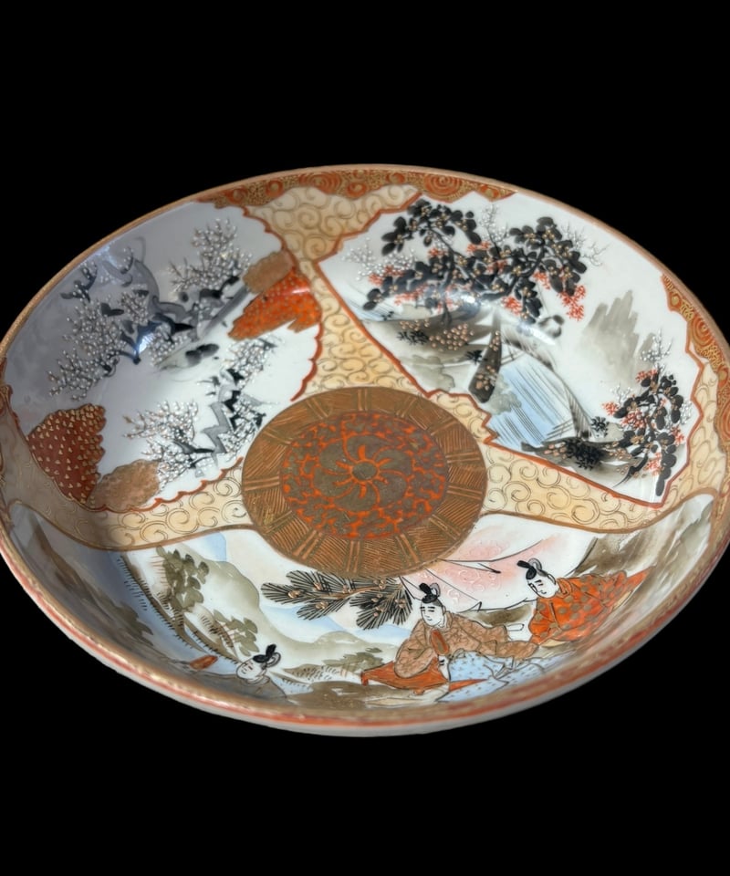 希少!!】九谷造 色絵 金彩 [松竹梅鳥文風景窓絵 粉彩人物絵] 大皿 平皿