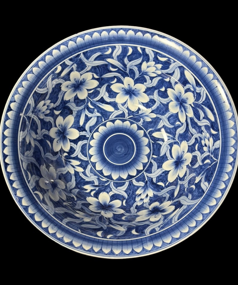 染付 大深鉢 花柄 盛り皿 飾り皿 大皿 大鉢 フローラル 中国雑貨 和