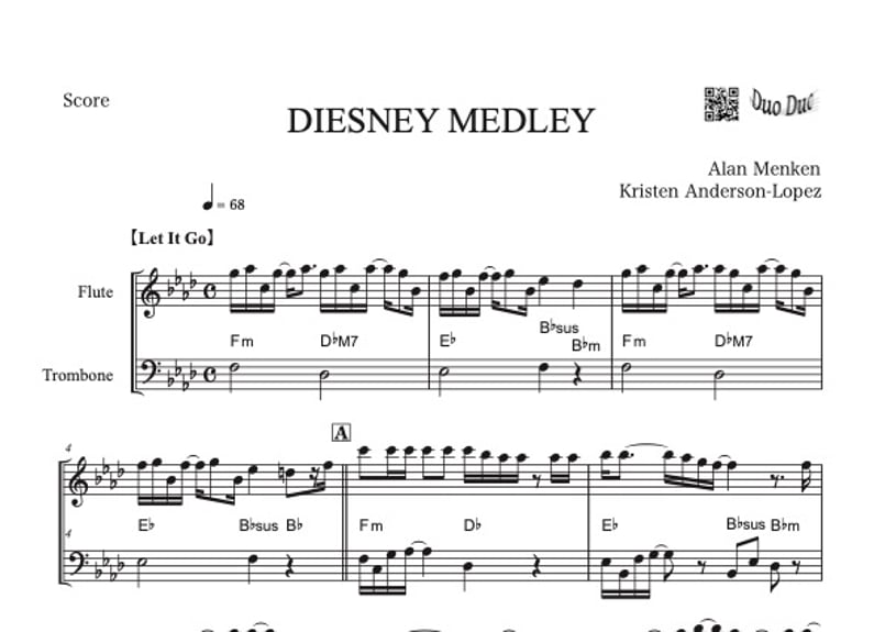 ♫楽譜「ディズニーメドレー」フルート＆トロンボーン二重奏