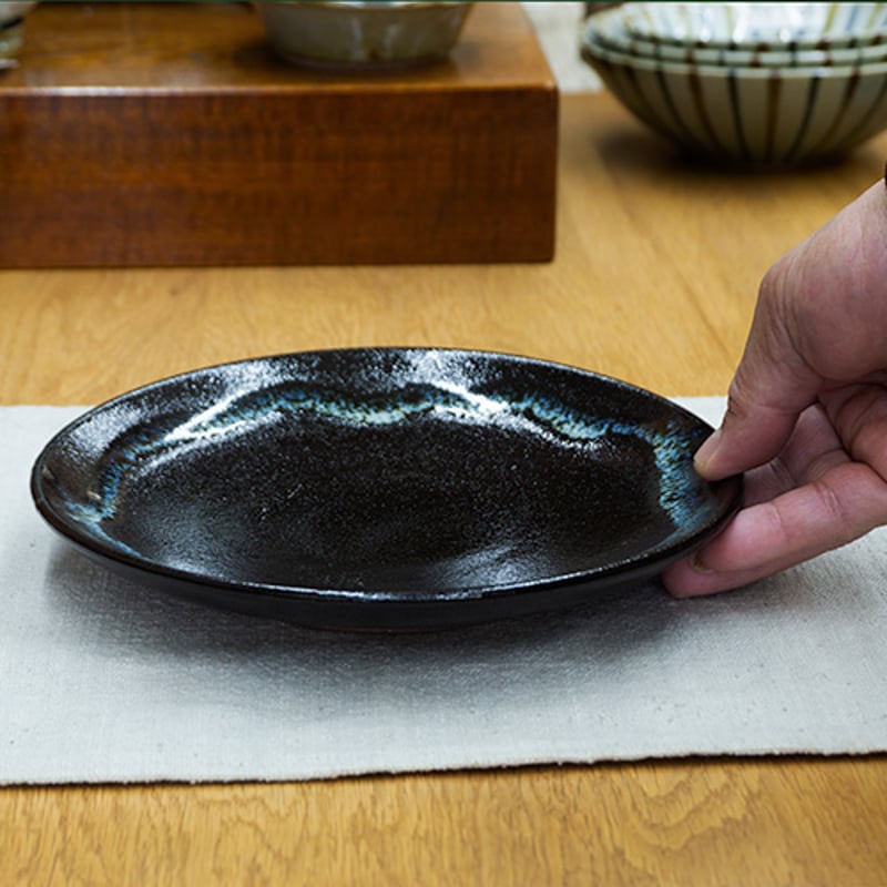 和食器 龍門司焼 大皿 18cm 黒釉白流 | うつわの店 クラフトなかつか