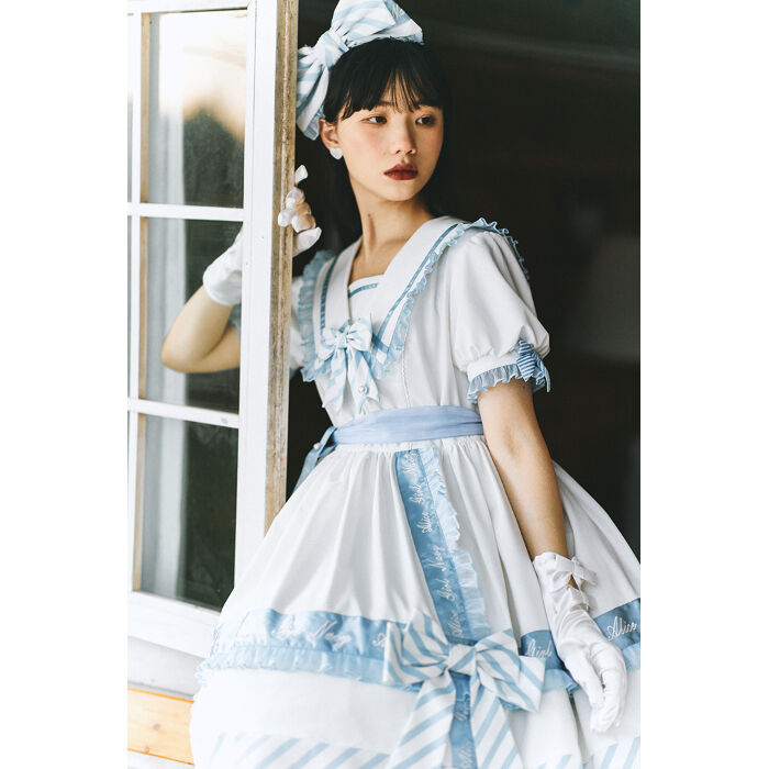 Stripe Ribbonセーラーワンピース サックス×ホワイト／select | tulle