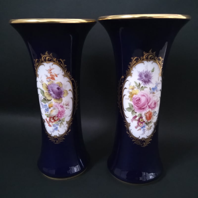 Meissenマイセン1924年以前のコバルト/2面にドイツフラワーの花瓶Vase