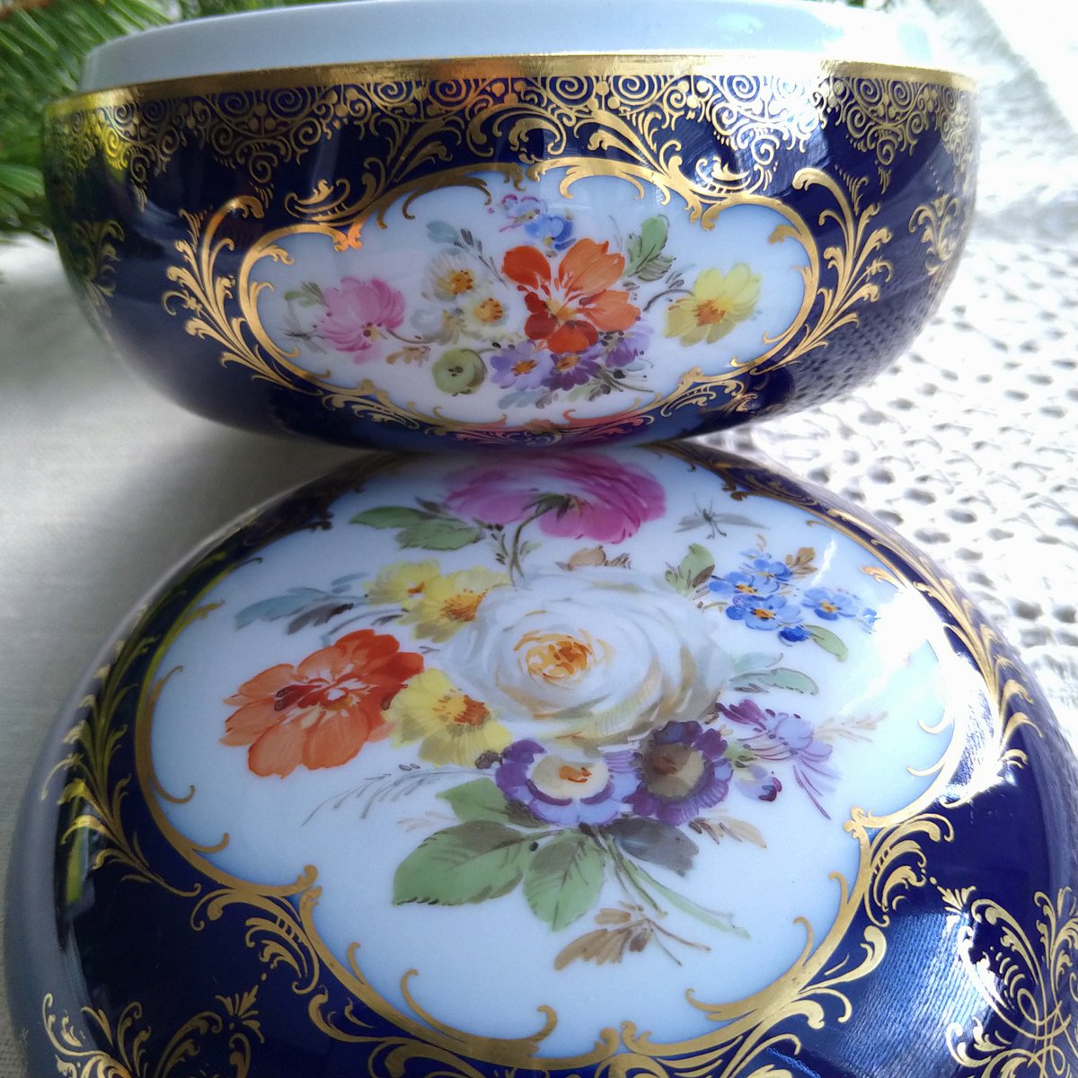 1924年以前Meissenマイセンコバルト/金彩/ドイツフラワーのボンボ