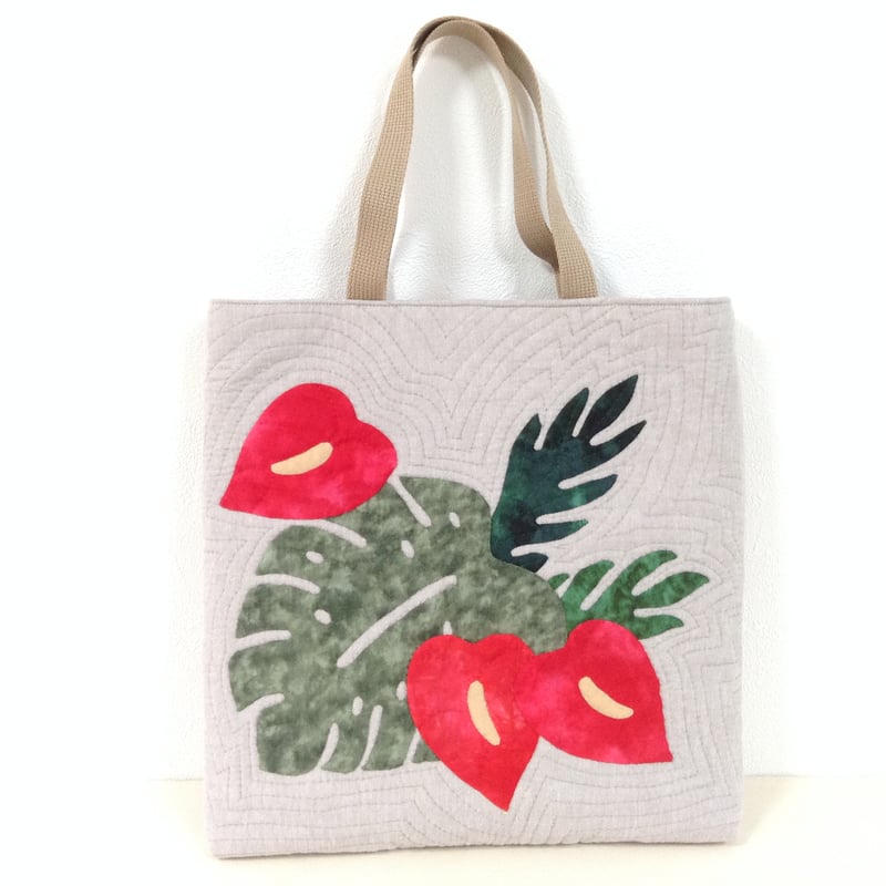 ハワイアンキルトモンステラ葉デザイントートバッグ