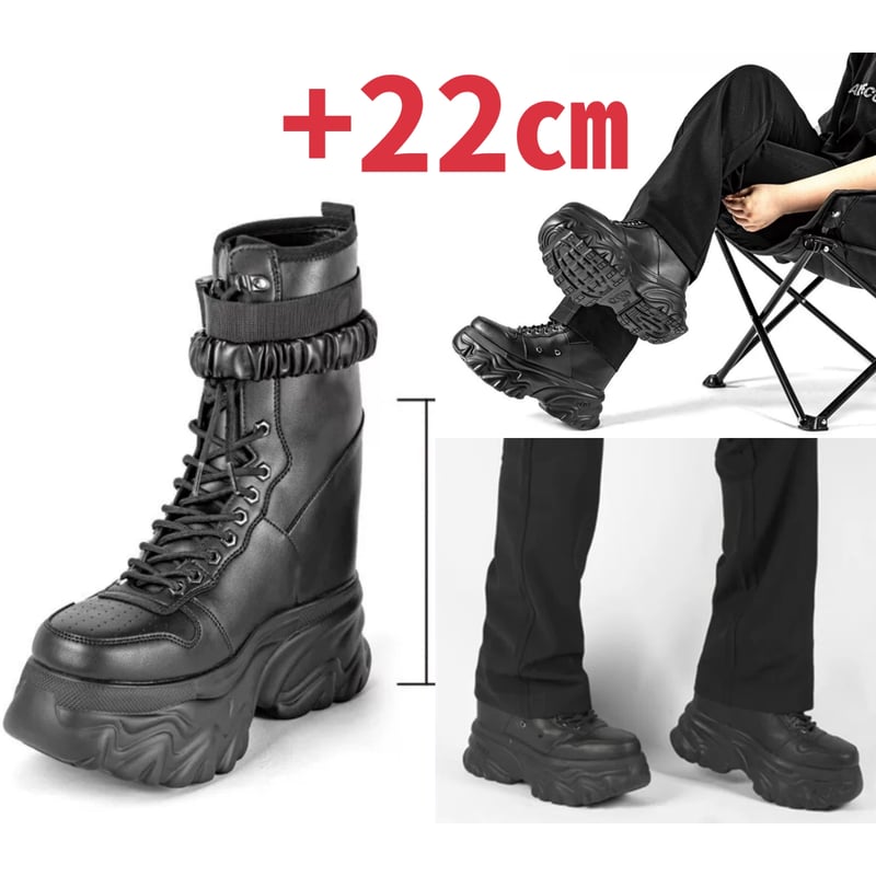 22㎝】 シークレットブーツ レースアップショートブーツ ブラック 厚底