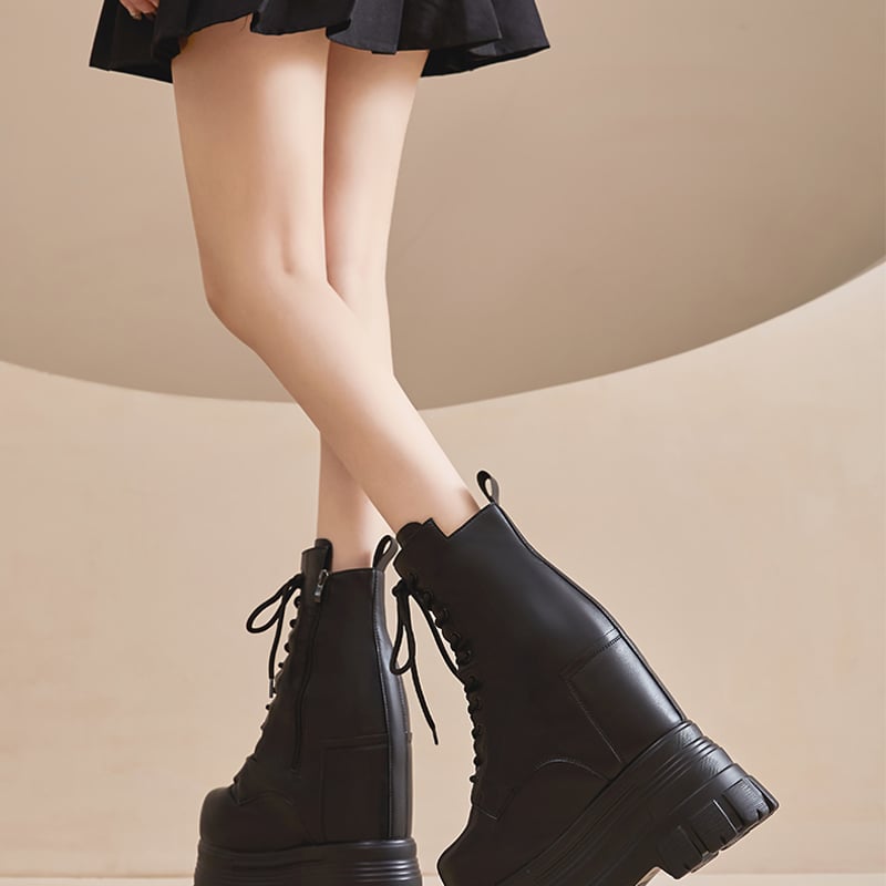 22㎝】シークレットブーツ レースアップ ショートブーツ ブラック 10