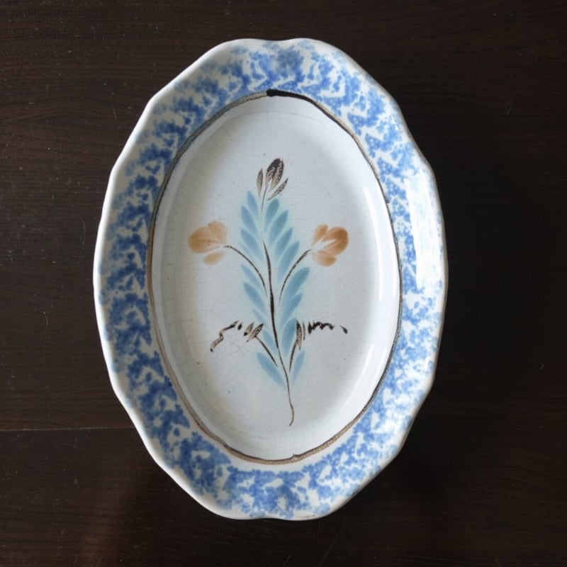 とても重いです！フランス19世紀 キズキズのエタン花リム楕円皿