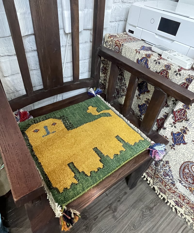 新品 ペルシャ絨毯 手織り ギャッベ 43×39cm 緑 ライオン | SASANIAN