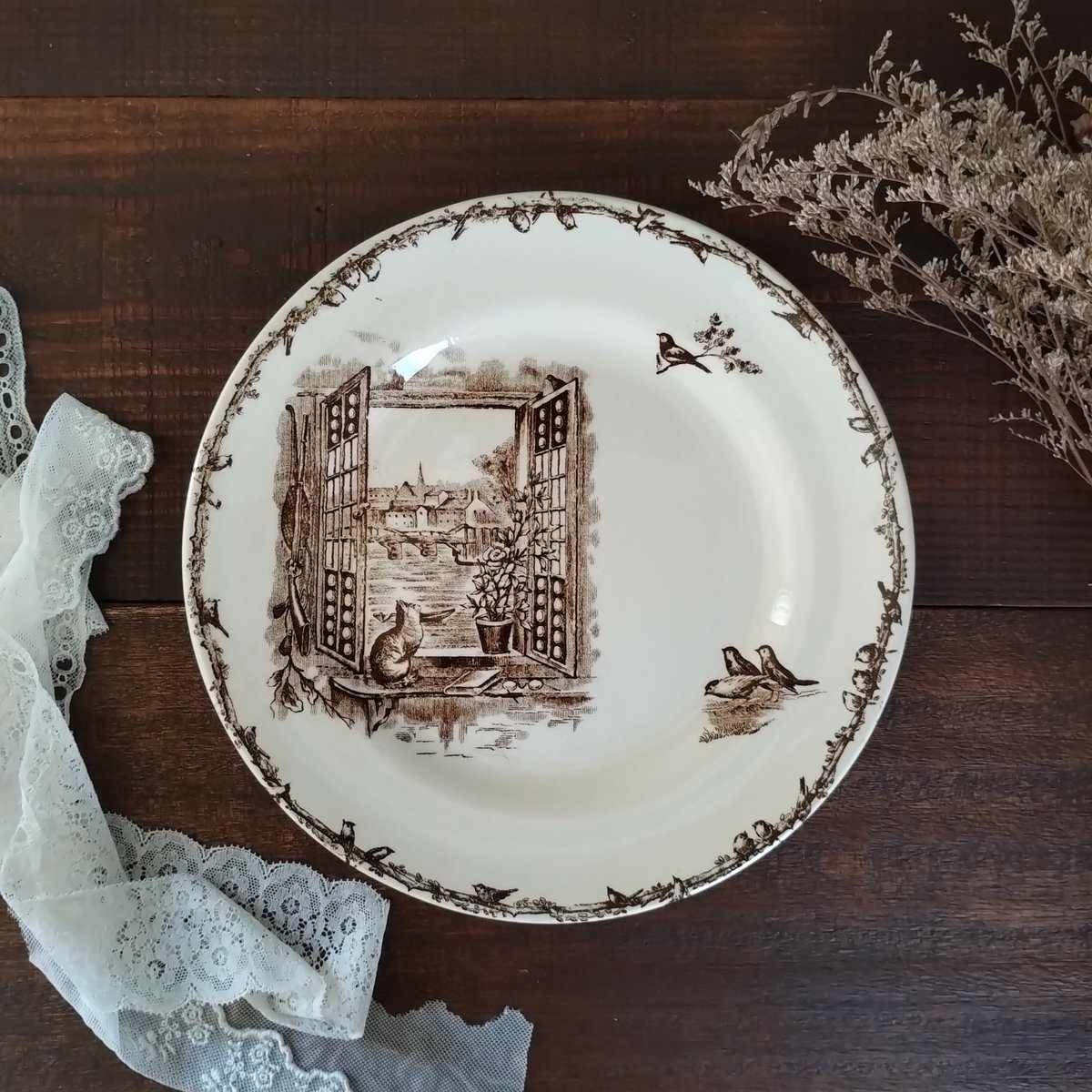 フランスアンティーク ショワジールロワのセピアなプレート(猫)b