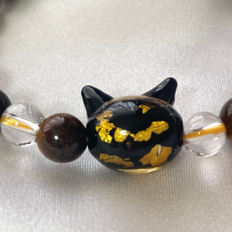 ねこ守りシリーズ】猫玉の天然石ブレスレット/タイガーアイ、水晶