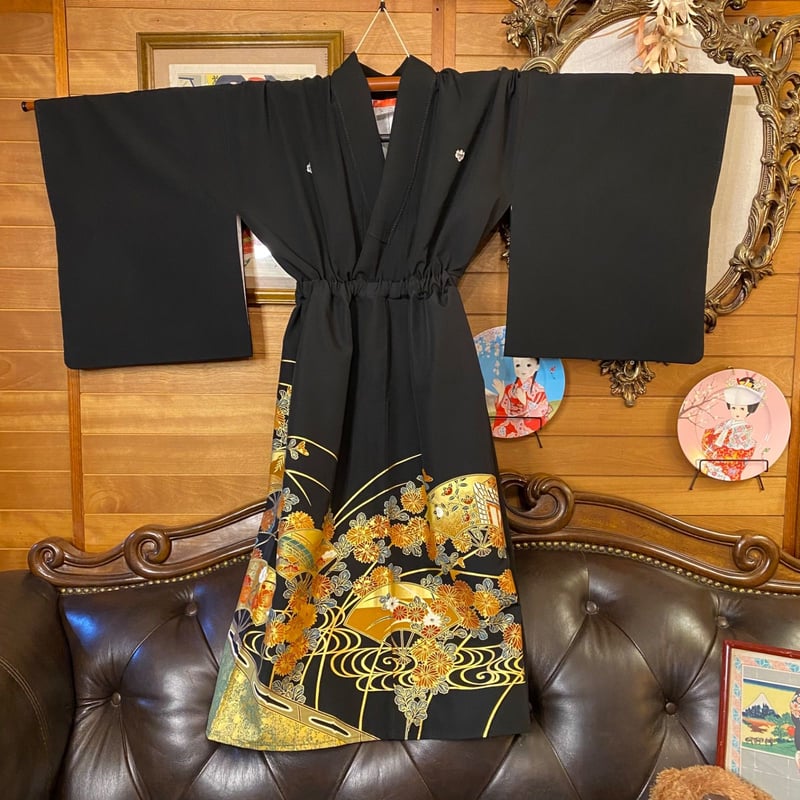 和洋折衷 黒留袖 着物 リメイク ワンピース ドレス 洗える 化繊