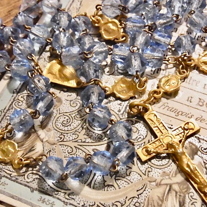 フランス アンティーク ゼニスブルー ガラス ロザリオ 聖母マリア