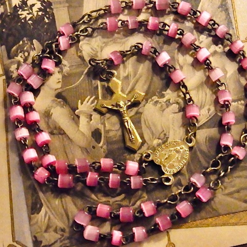 フランス アンティーク ピンク ガラス ミニロザリオ 真鍮 ケース 鳥