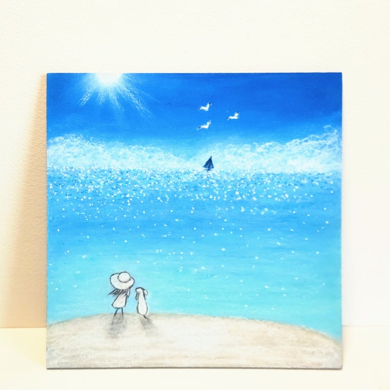 夏！キラキラ輝く 海 太陽 空 【原画】オイルパステルアート | 小さな