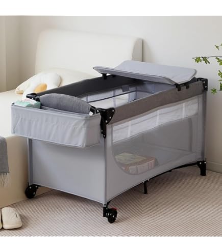 HIZDIK グレー 折り畳みベビーベッド キャスター付き HIZDIK グレー
