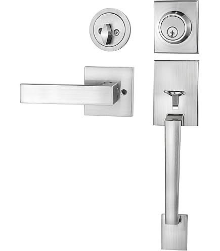 Azdele Front Door Handle Silver Set, Entry Satin Nickel Door