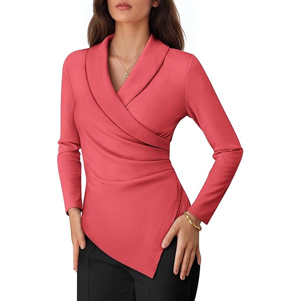 LYANER Women's Casual V Neck Cross Wrap Long Sleeve Plain Blouse