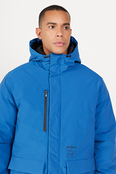 Standart Fit Normal Kesim Kapüşonlu Dik Yaka Kapak Cepli Saks