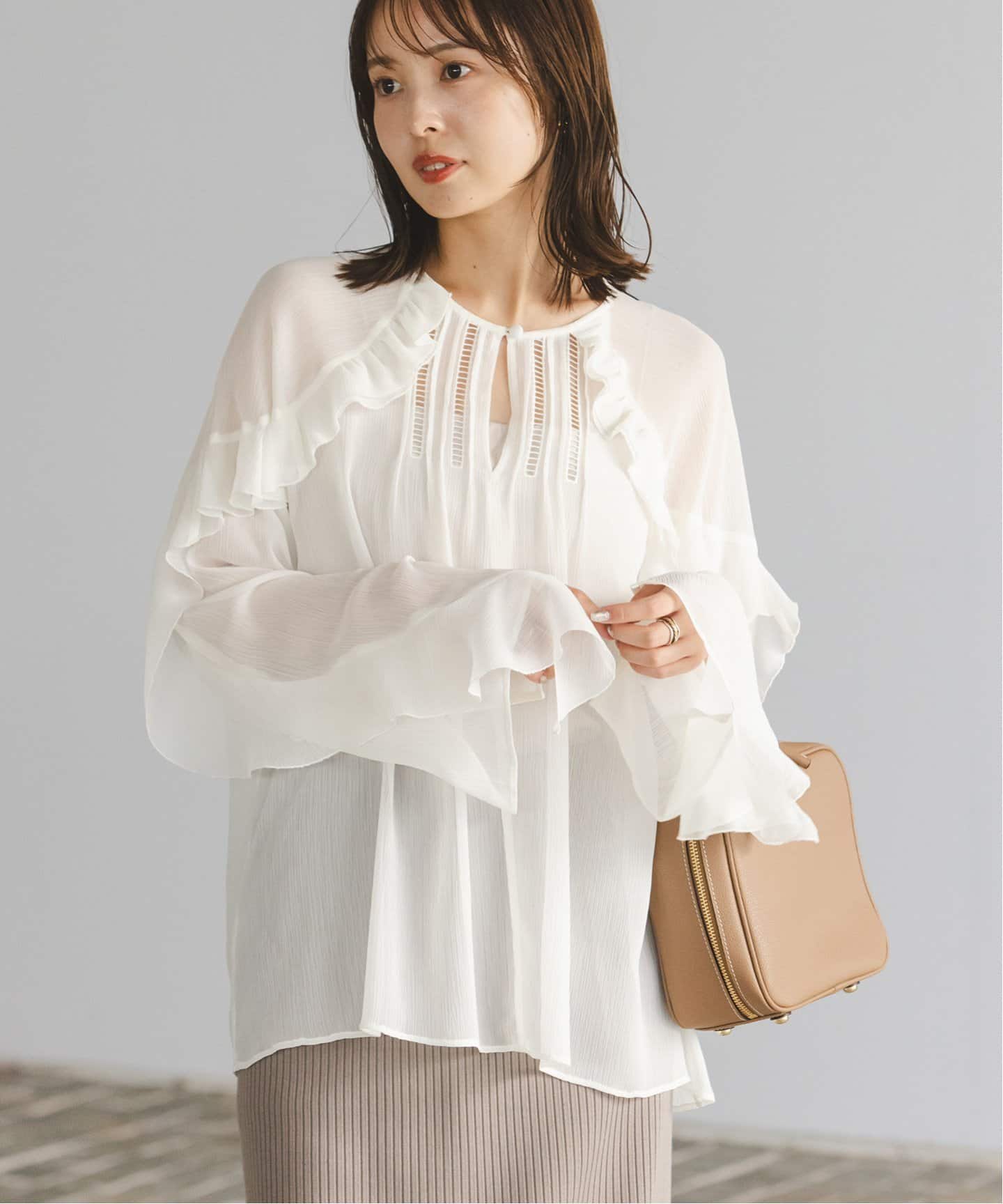 追加》【NOBLE×L'AUBE BLANC】楊柳フリル梯子刺繍ブラウス（シャツ