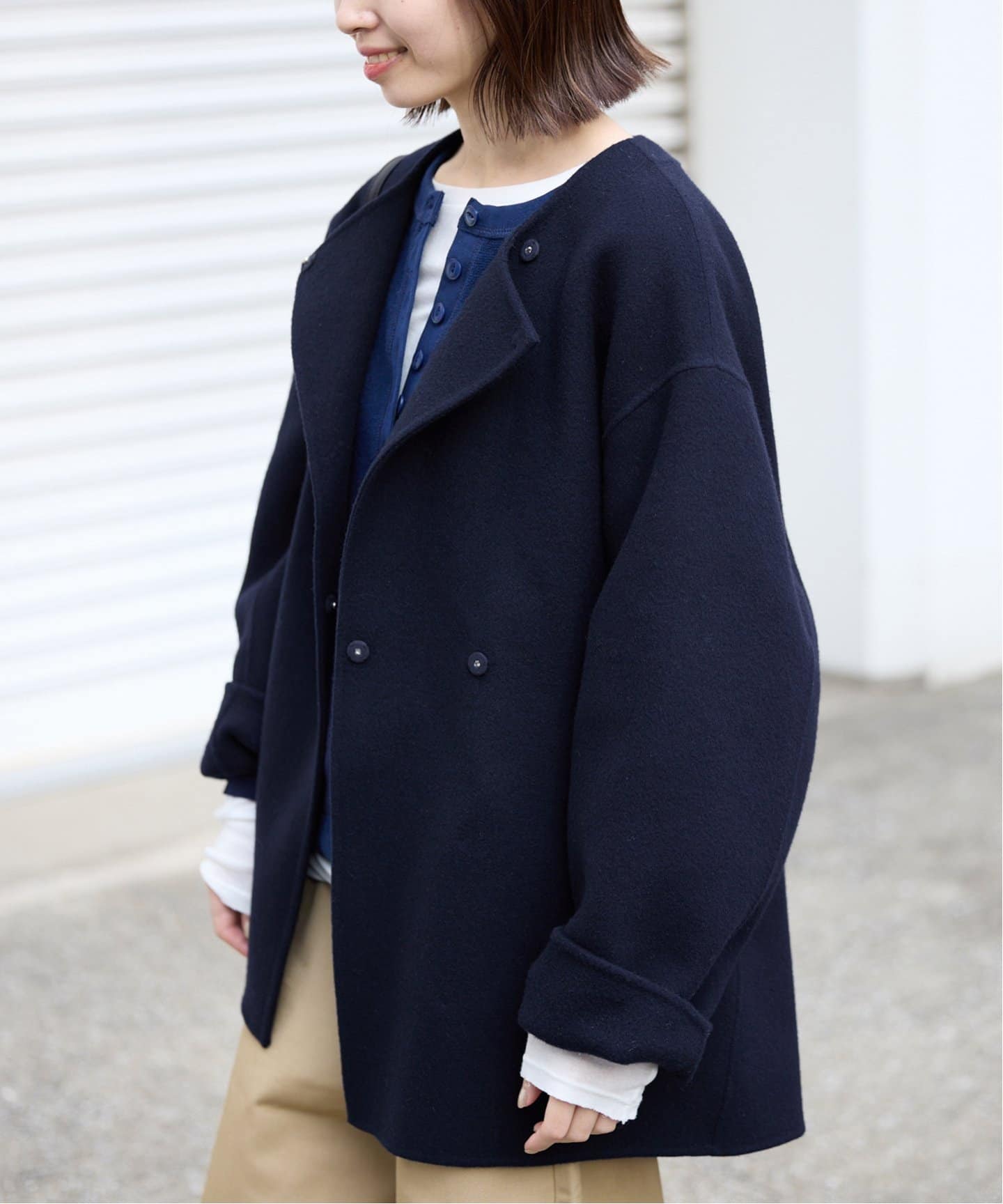 souple woolダブルフェイスノーカラーコート（ノーカラーコート