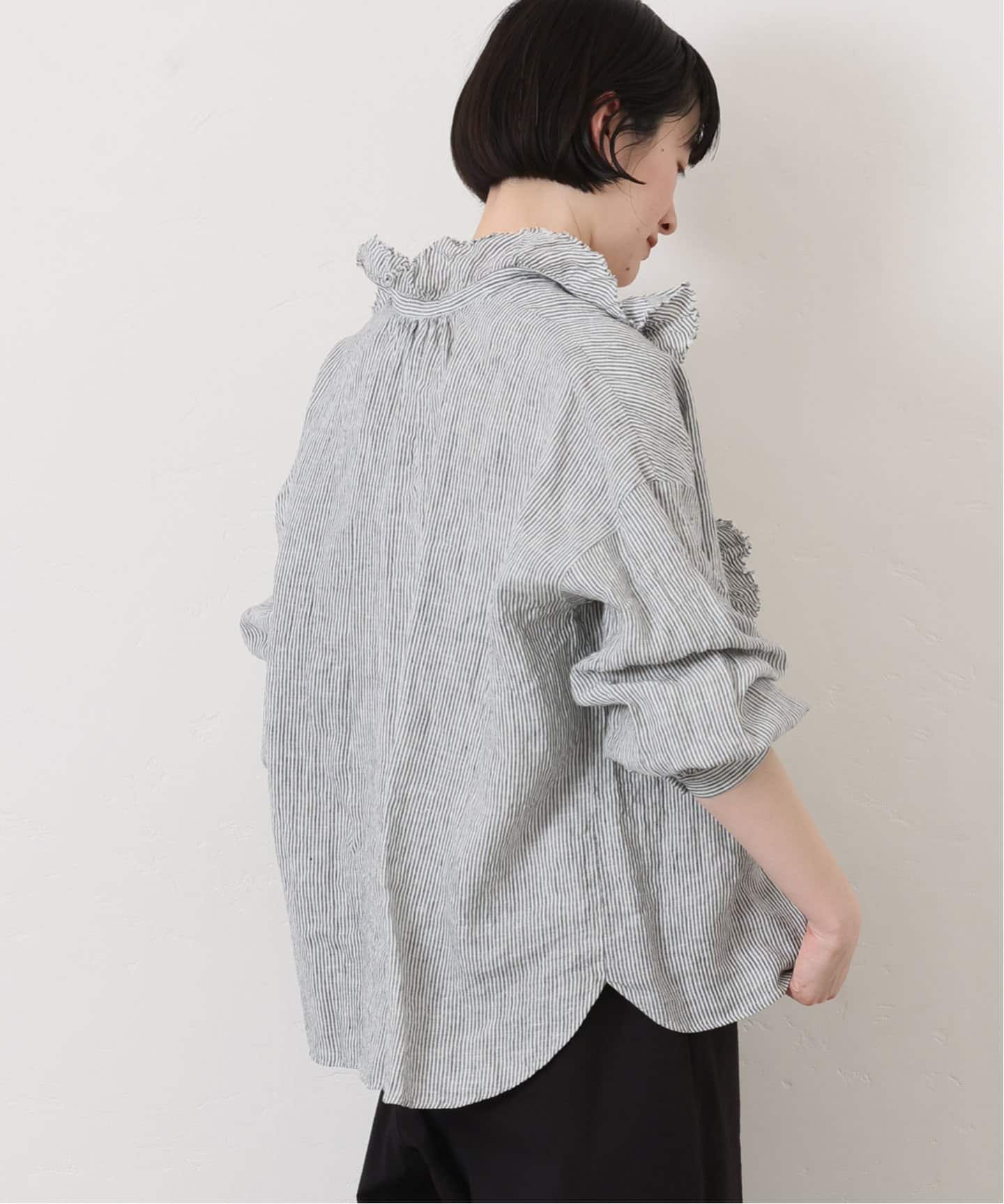 リネンストライプ フリルブラウス（シャツ／ブラウス）｜journal