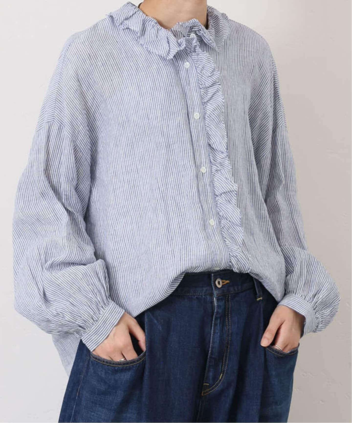 リネンストライプ フリルブラウス（シャツ／ブラウス）｜journal