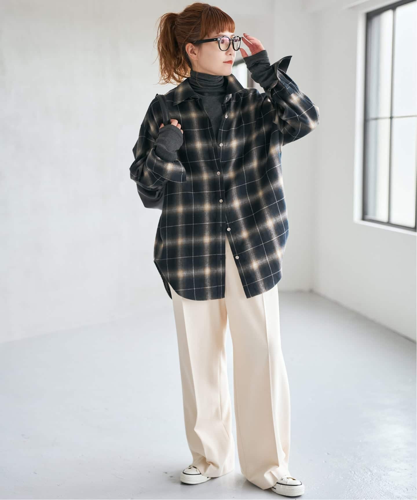 メタルボタンオンブレーチェックルーズシャツ（シャツ／ブラウス