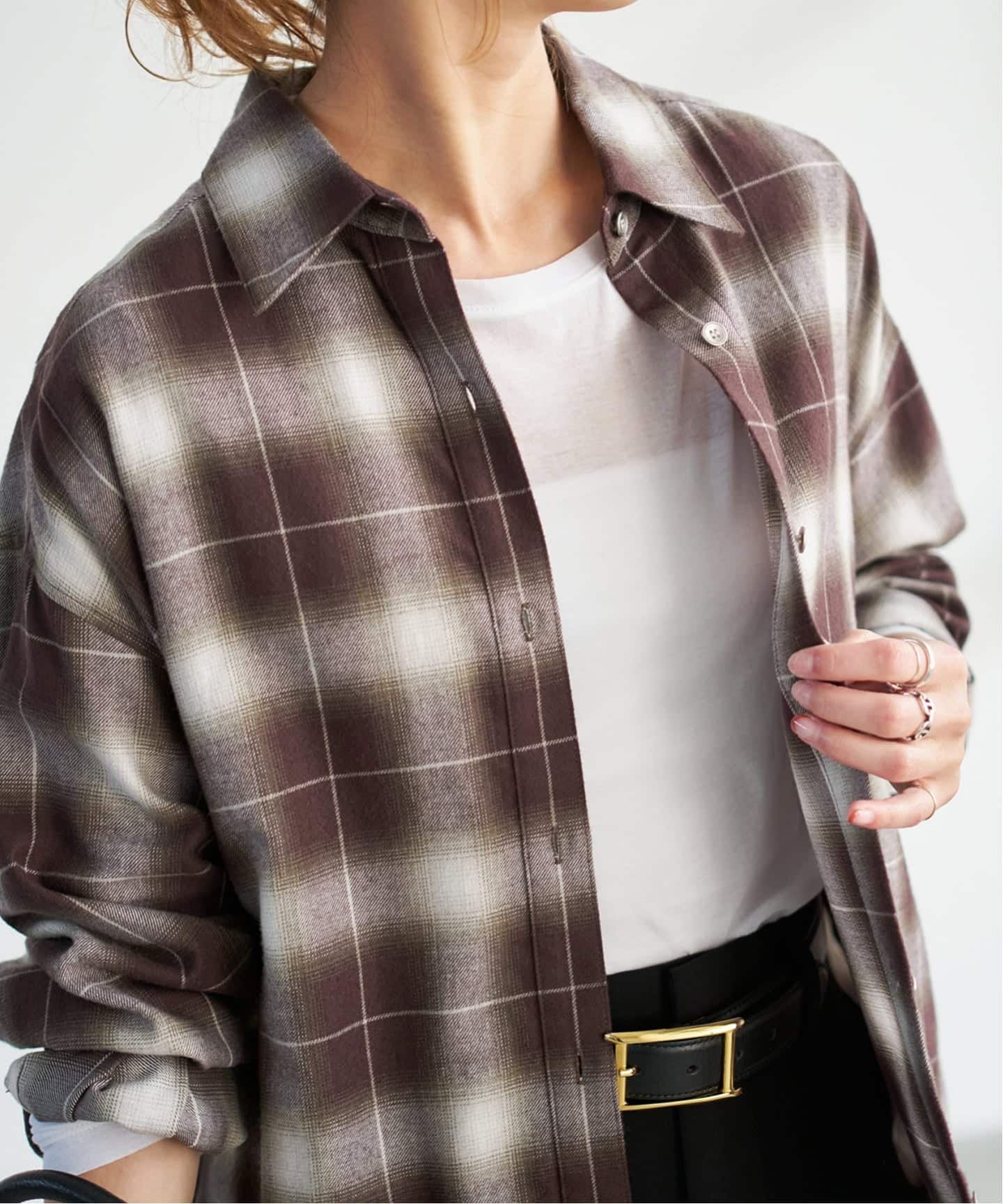 メタルボタンオンブレーチェックルーズシャツ（シャツ／ブラウス