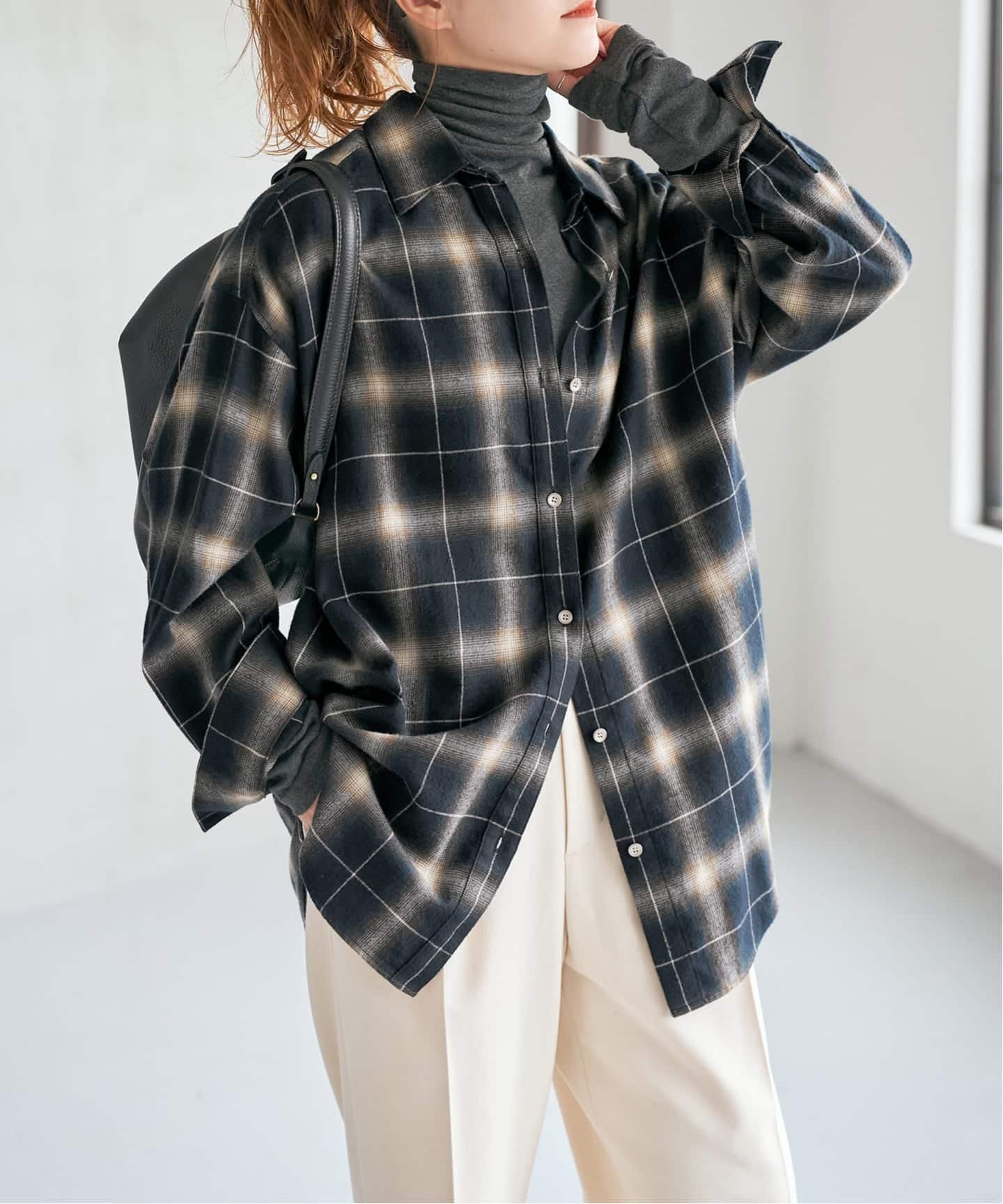メタルボタンオンブレーチェックルーズシャツ（シャツ／ブラウス