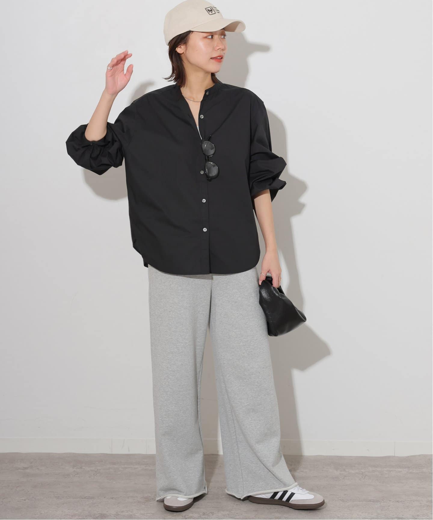 コットンバンドカラーカーブスリーブブラウス（シャツ／ブラウス