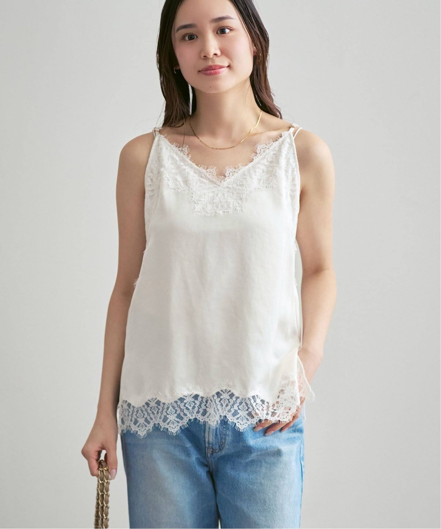 追加》リバーレーストリミングサテンキャミソール（キャミソール