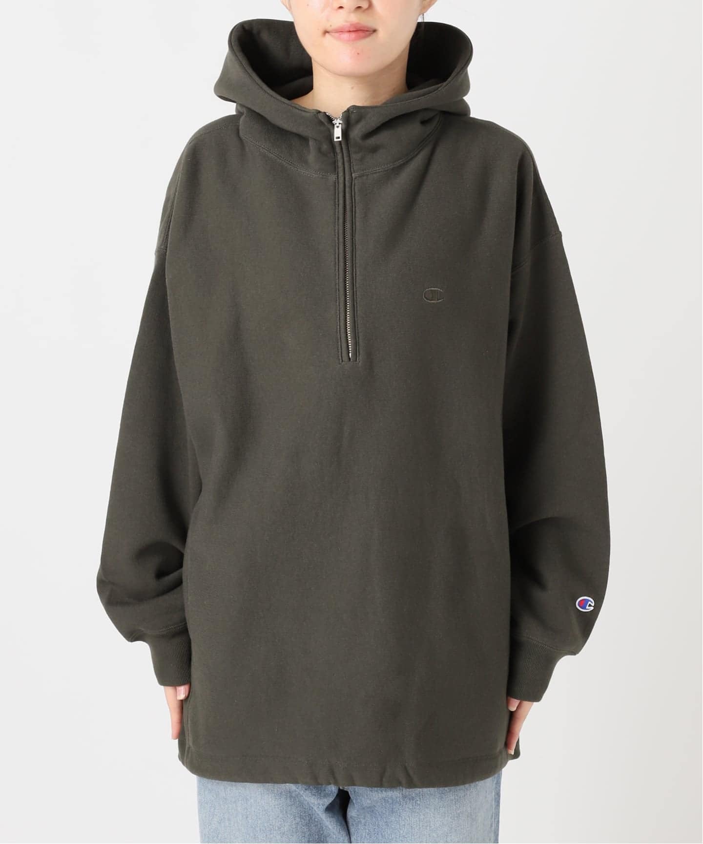 Champion 別注REVERSE WEAVE11.5OZフードハーフジップドロストプル