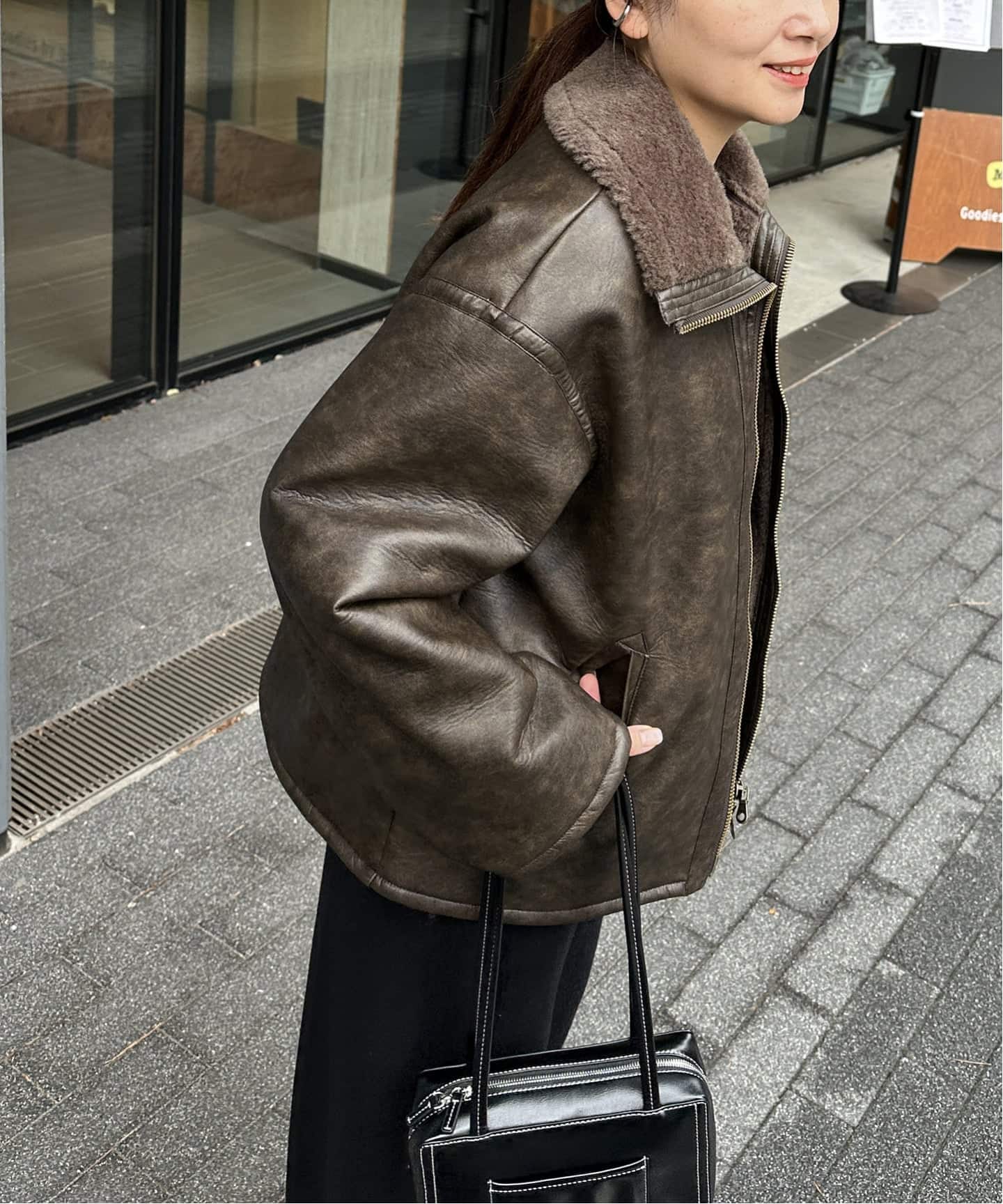 WEB限定追加》フェイクレザーボアブルゾン（レザージャケット