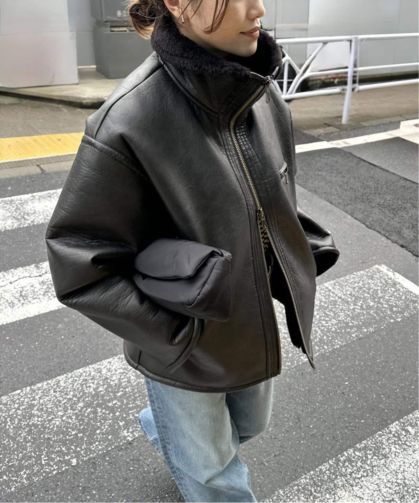 WEB限定追加》フェイクレザーボアブルゾン（レザージャケット