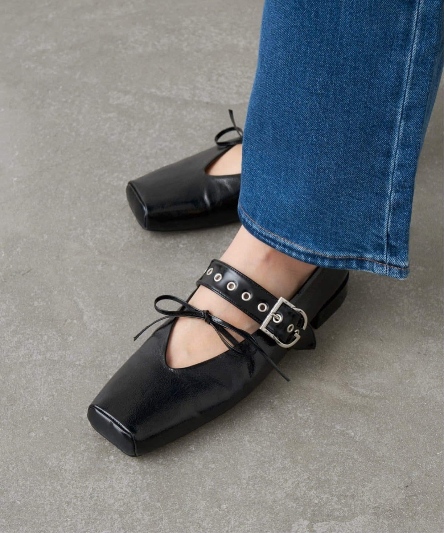 追加》GRISEボックススクエアダブルメリージェーン（フラットシューズ