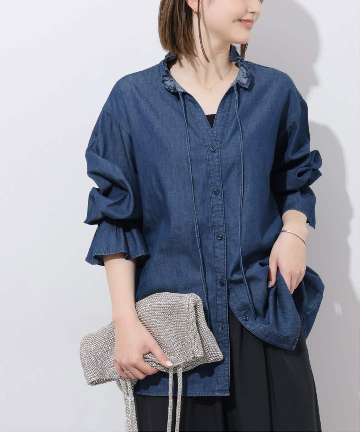 追加予約》ライトデニムスタンドカラーブラウス（シャツ／ブラウス