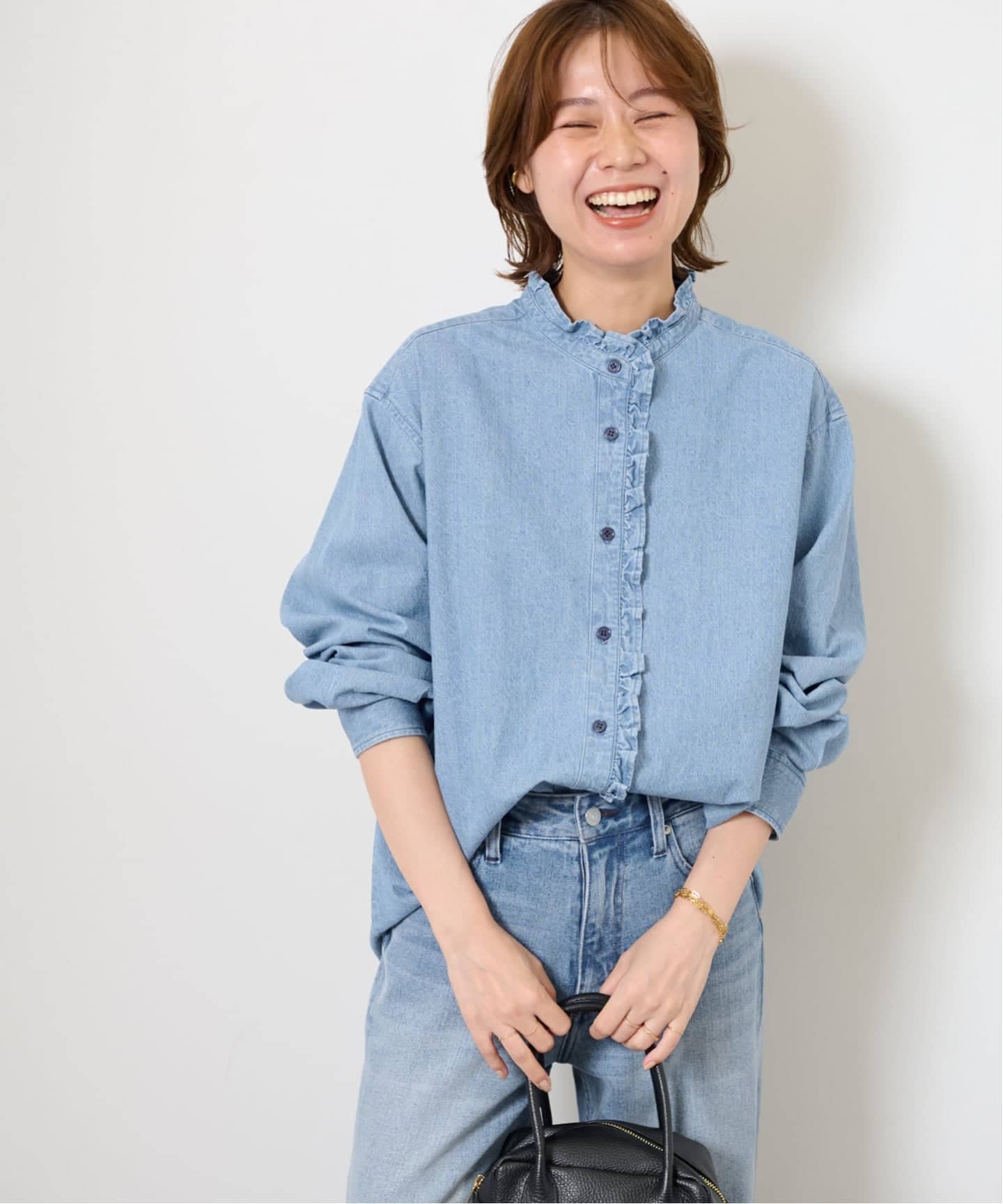WEB限定追加予約4》スタンドネックデニムフリルブラウス（シャツ