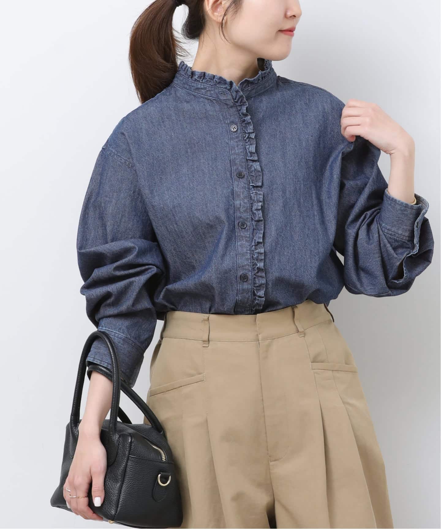 WEB限定追加予約4》スタンドネックデニムフリルブラウス（シャツ