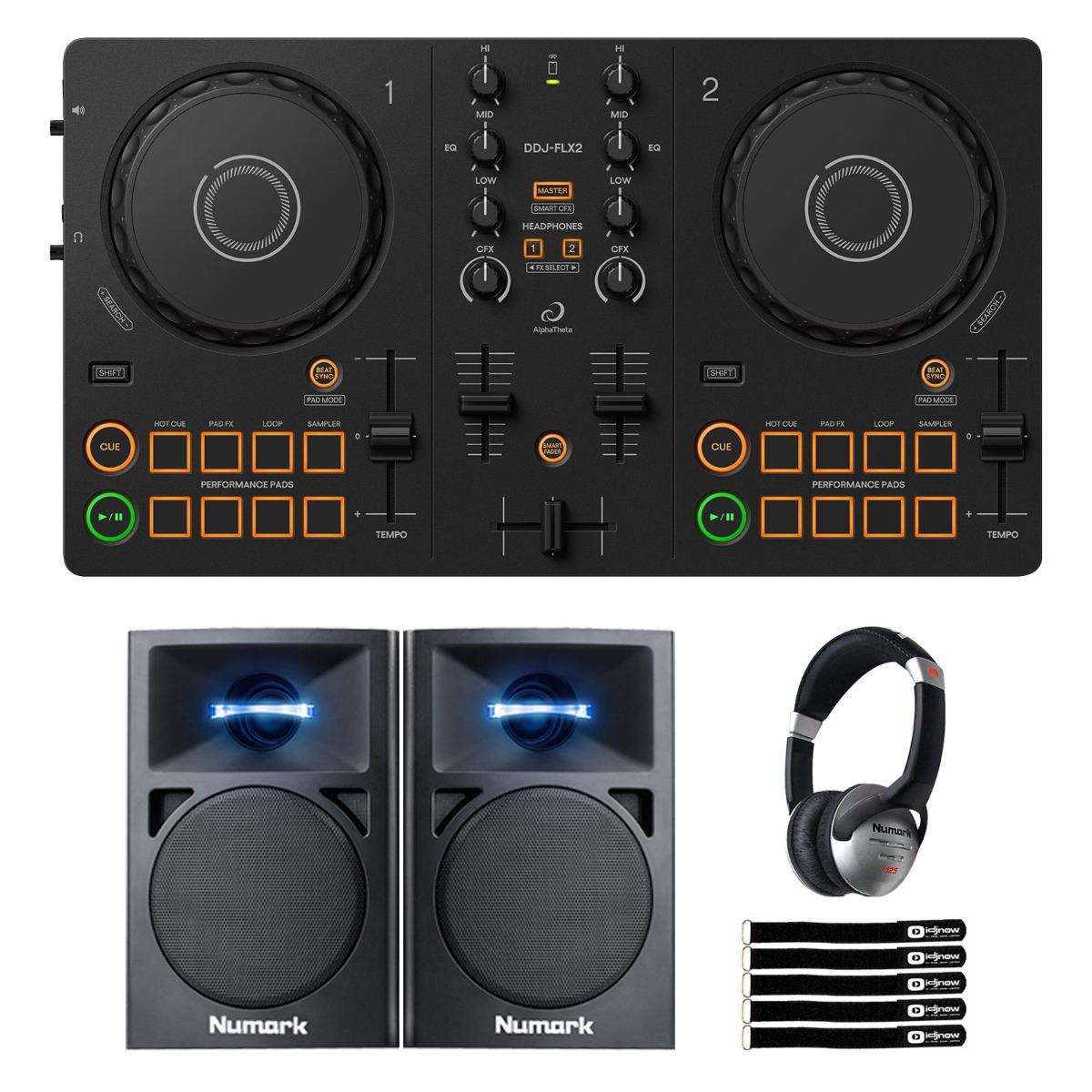 AlphaTheta DDJ-FLX2 Controller with Monitors & Headphones