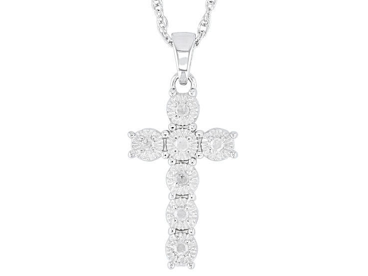 White Diamond Rhodium Over Sterling Silver Cross Pendant With 18