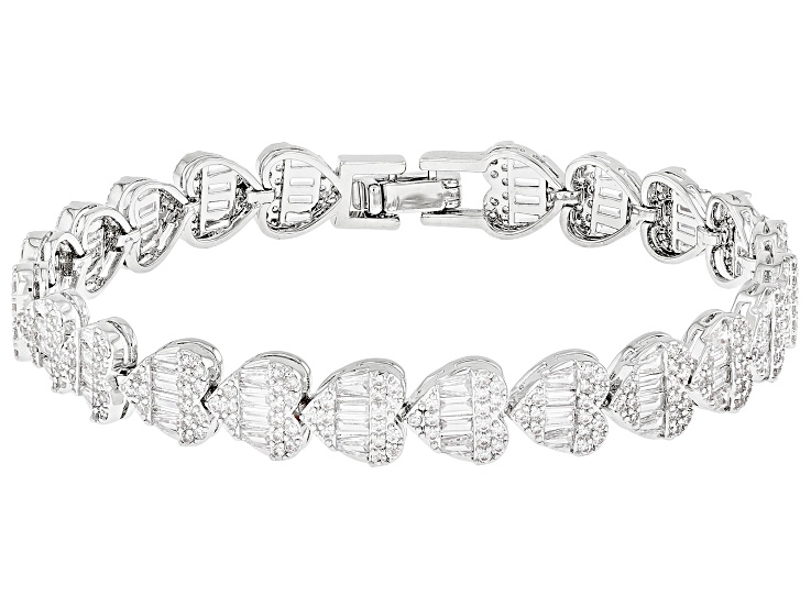 White Cubic Zirconia Rhodium Over Brass Heart Tennis Bracelet
