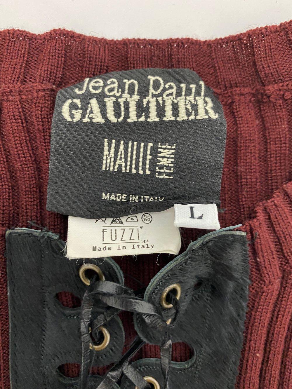 Jean Paul Gaultier leather lace up panel sweater — JAMES VELORIA